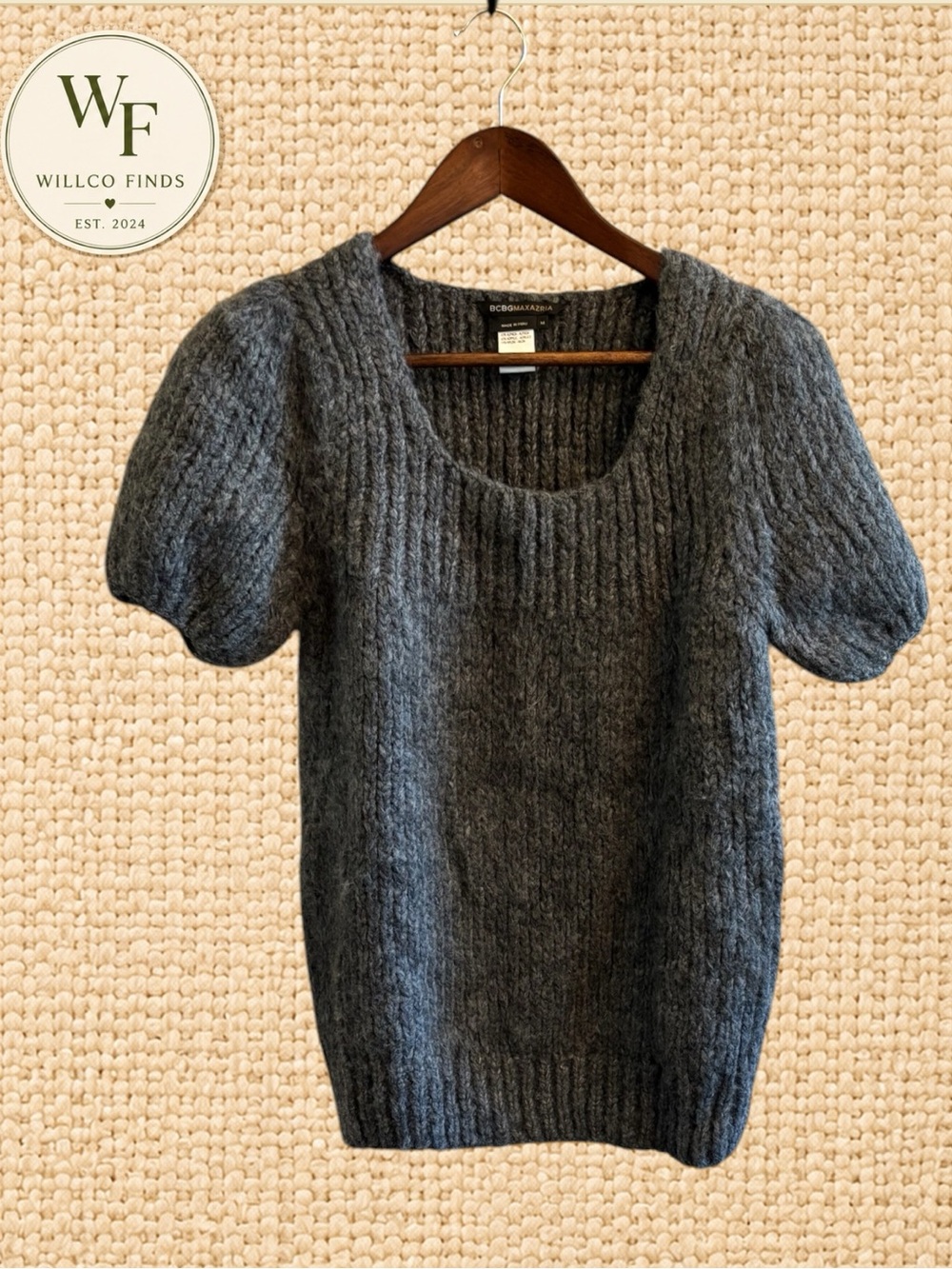 BCBGMAXAZRIA Alpaca Blend Puff Sleeve Sweater Gray Medium Chunky Knit